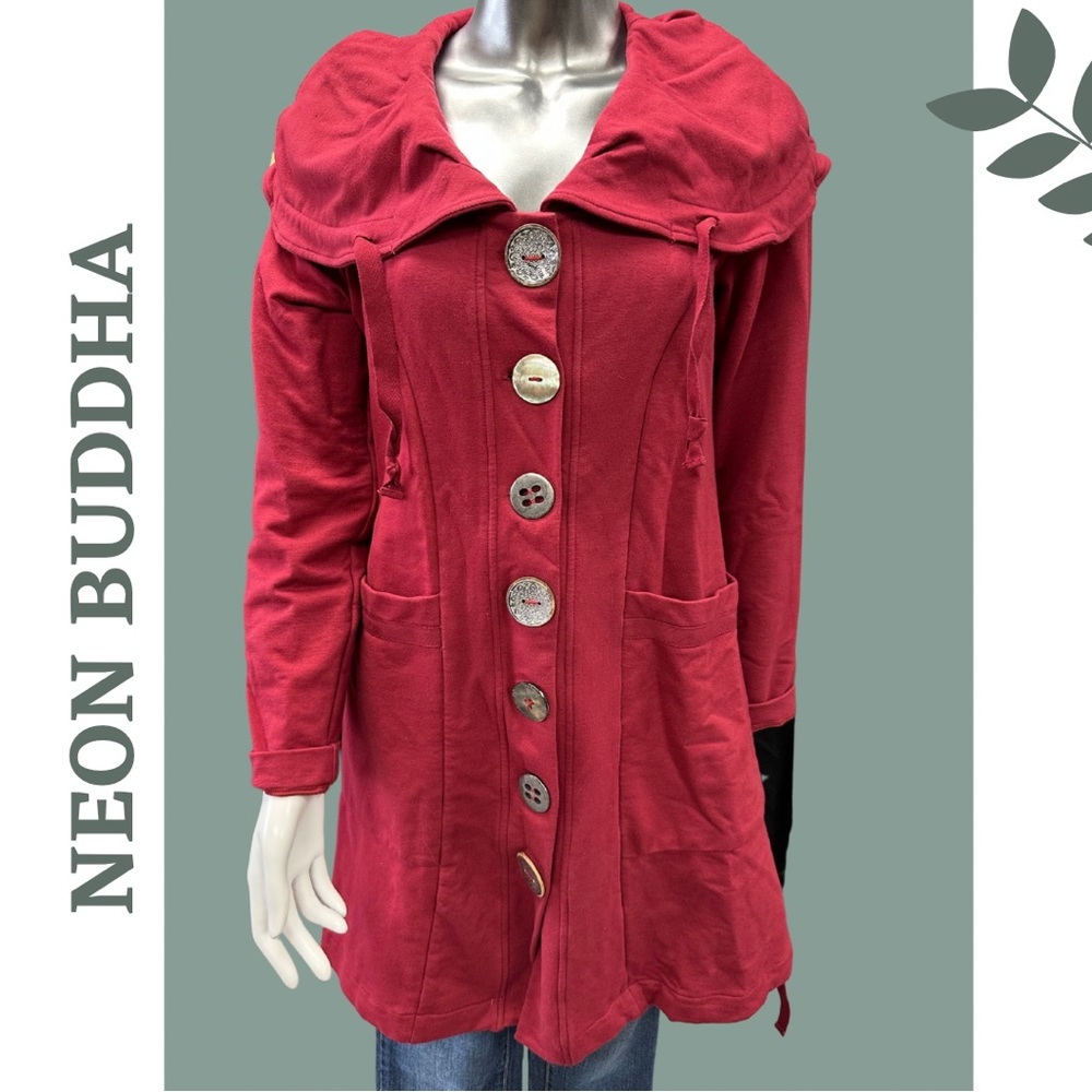 Neon Buddha Red Trench Coat with Unique Buttons